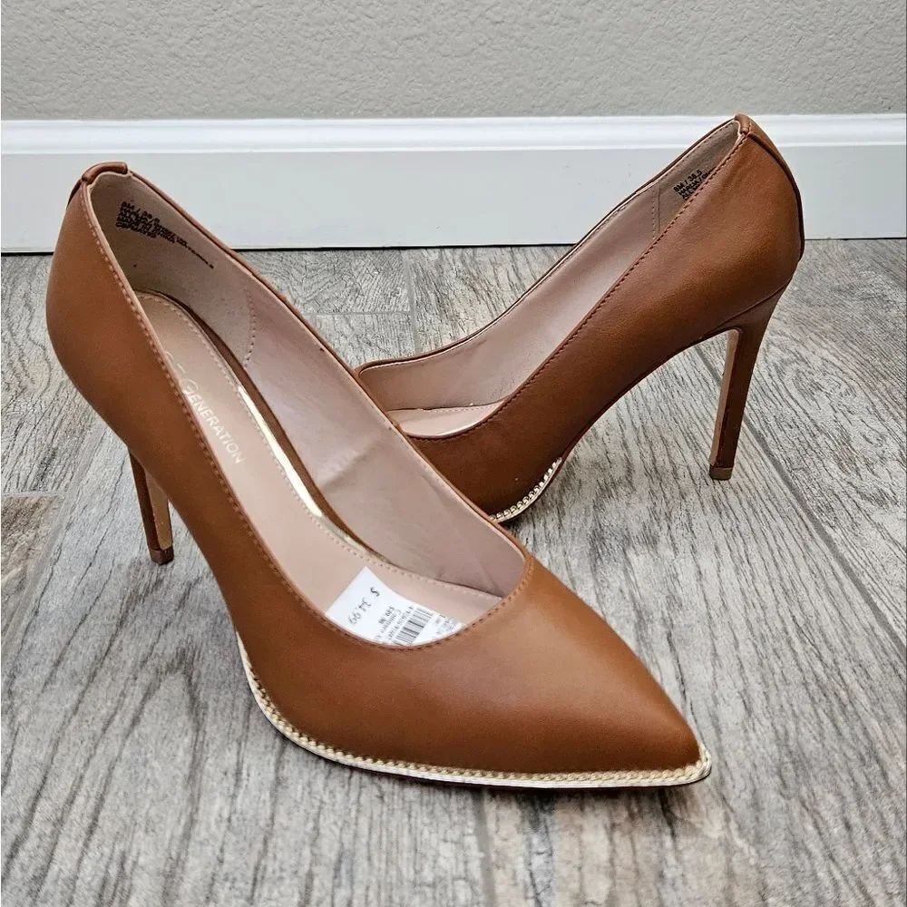 BCBG Harlia Congac Heels with Gold Tone Chain Trim